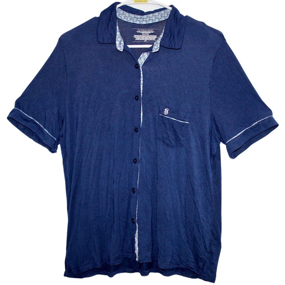 Womens Victoria's Secret Blue Button Down Short Sleeve Sleeping Shirt Size Large